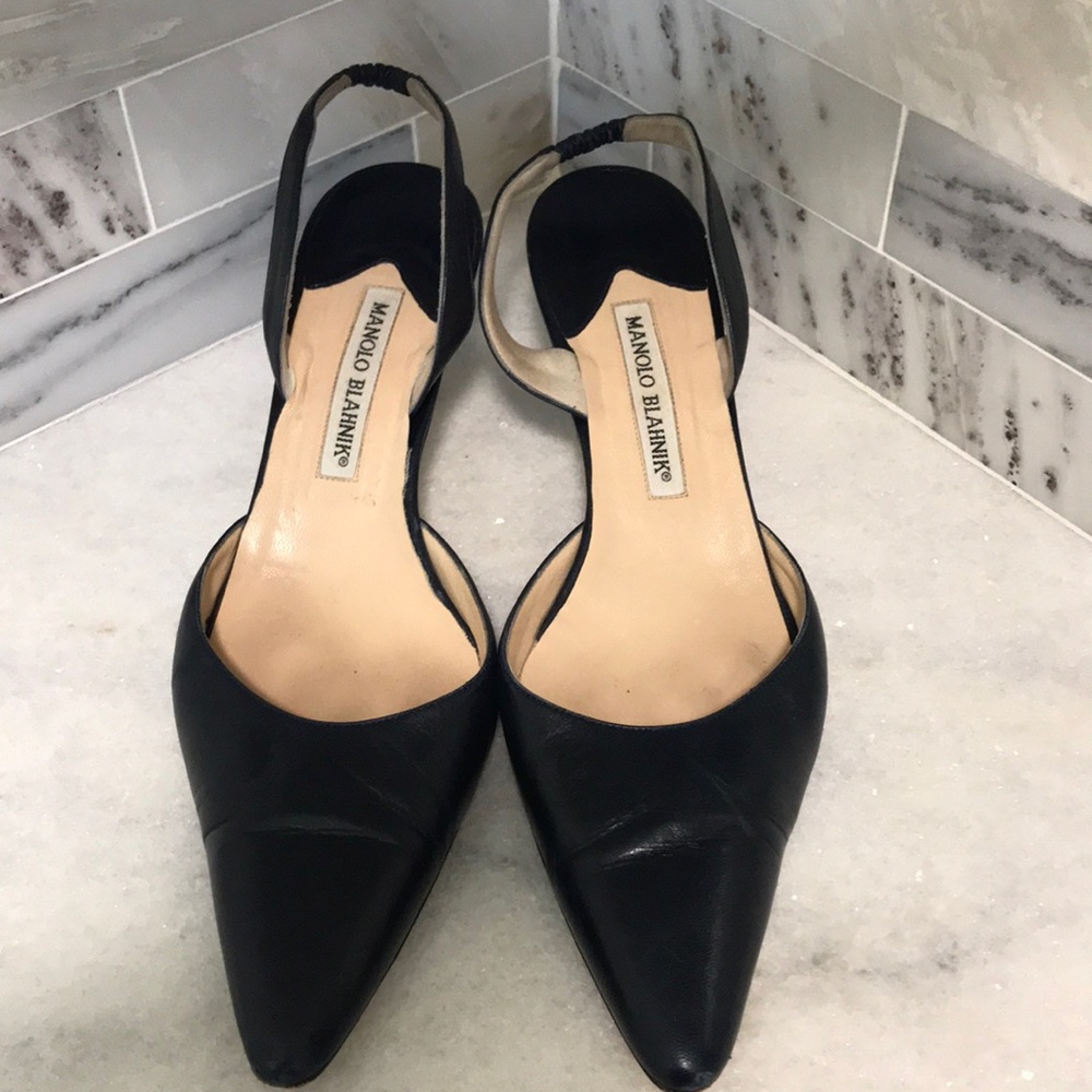 Manolo Blahnik navy kitten sling backs